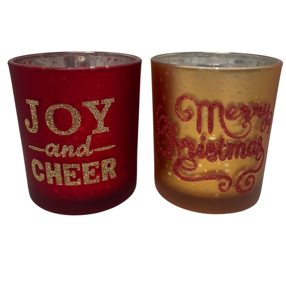 Christmas Mercury Glass Votive Candle Holders Red Gold Joy Cheer Set of 2
